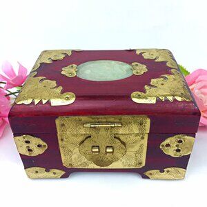 Vintage Asian Chinese Shanghai Cherrywood and Brass Trim Jewelry Box with Latch
